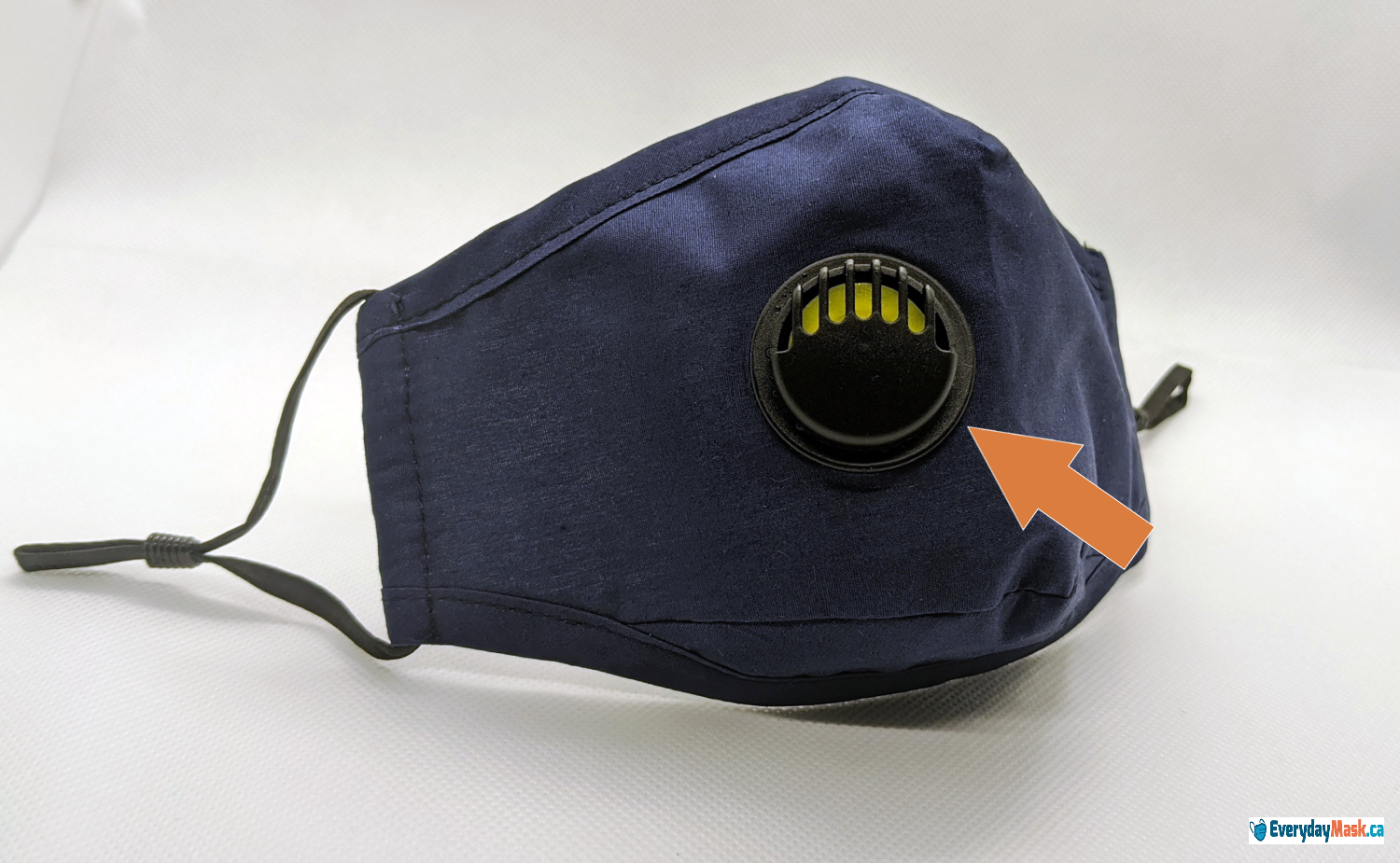 Image of a navy blue mask with breatning valve ( vent, respirator, exhalation valve).