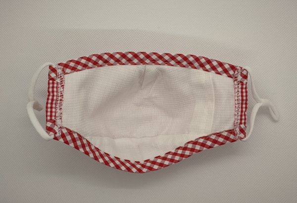 Plaid red children's face mask showing inside view with pocket for mask filter