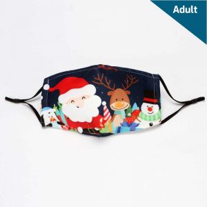 Adult-sized holiday face mask that has three layers of cotton and black elastic ear straps. Background colour is navy blue and has foreground images of santa, a reindeer and a snowman wearing a black hat. White stitching is visible around the edges of the mask.