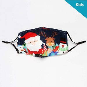 Kids christmas-themed face mask that has three layers of cotton and black elastic ear straps. Holiday images on the mask include a snowman, santa and a reindeer.