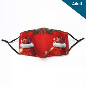 Adult-sized red holiday mask with three layers of cotton, including a filter pocket, black ear straps. Background colour is red with two stockings filed with christmas presents on either side of the mask's foreground. The mid-top has a Christmas bow.