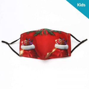 Red kid-sized holiday christmas face mask with three layers of cotton, including a filter pocket, black ear straps. Background colour is red with two stockings filed with christmas presents on either side of the mask's foreground. The mid-top has a Christmas bow.