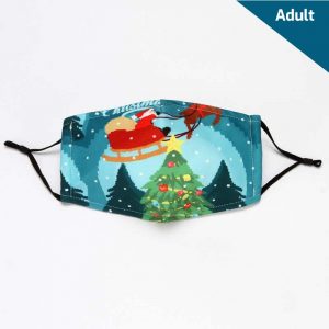 Christmas-themed face mask, teal (blue-green) in colour, adult-sized with black ear straps. Graphics include a reindeer pulling santa and his sleigh in the sky with Christmas tree at the bottom.
