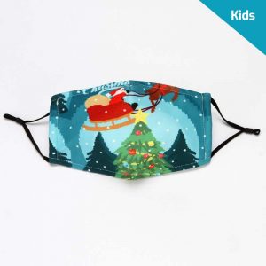 Kids christmas mask, teal (blue-green) in colour, made out of 3 layers of cotton and elastic black ear straps. The background features a teal sky while the foreground has a reindeer pulling santa up into the sky with his sleigh and Christmas tree with a star at the bottom.